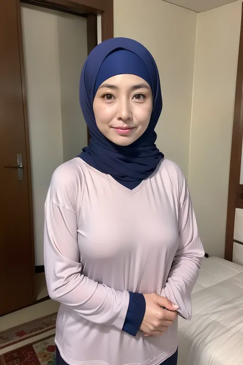 japanese mature, (Four), 40 years old, (Wrinkles at the corners of the eyes:1.2), Large breasts, A MILF, Mom and son, tongue_kiss, 1girl milf 30 years old, girl wear hijab long sleeves long pants, 1boy shota 13 years old, boy tshirt cargo pants, bedroom,