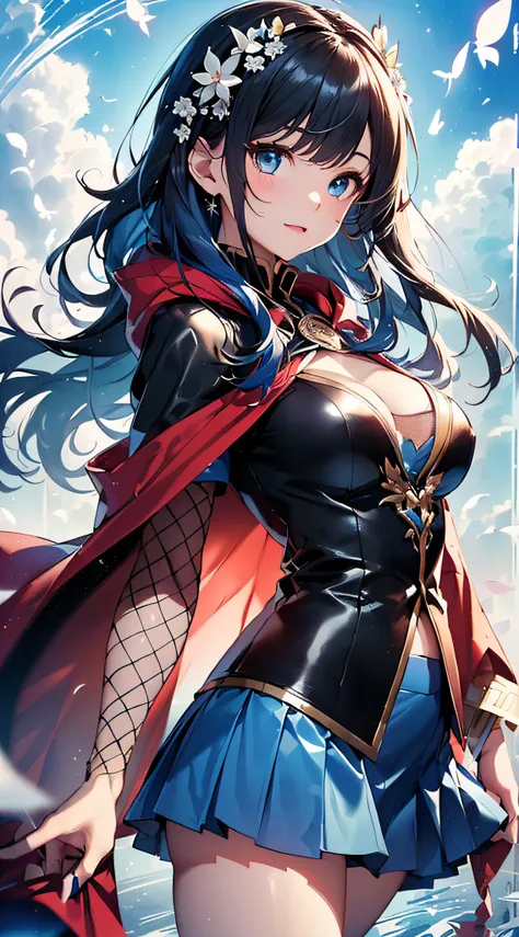 top-quality、Top image quality、​masterpiece、girl with((cute little、18year old、Best Bust、Medium bust、Bust 85,Beautiful blue eyes、Breasts wide open,Long Black Hair、A slender、Blue hair mesh、Black and white pitch retirement suit、Blue short skirt,red cloak,Laugh...