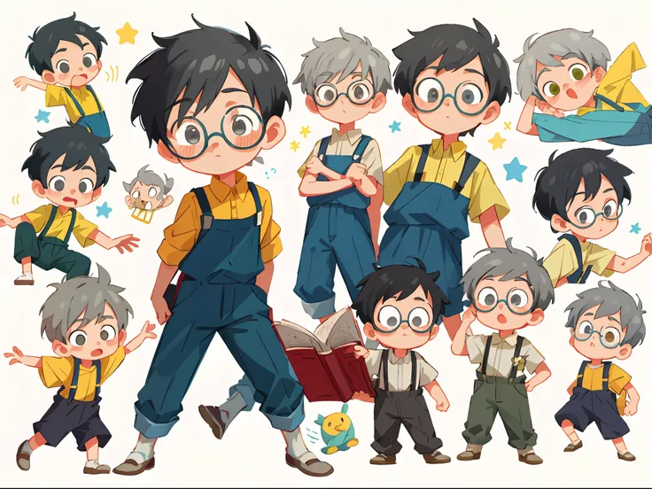 younge boy，multiple postures and expressions，Childrens book illustration style，، simple，adolable，full-color，Black suspenders，eye glass，Gray hair，flatcolors，