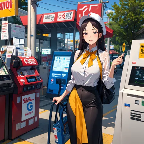 Southeast Asian college girl cosplaying as an elderly person selling gas appliances