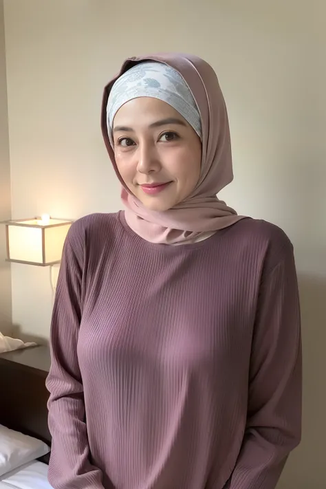 japanese mature, (Four), 40 years old, (Wrinkles at the corners of the eyes:1.2), Large breasts, A MILF, Mom and son, tongue_kiss, 1girl milf 30 years old, girl wear hijab long sleeves long pants, 1boy shota 13 years old, boy tshirt cargo pants, bedroom,