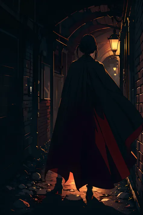 vampire milf standing in night underground street, back shot, stylish standing pose, wearing a vampire cape,