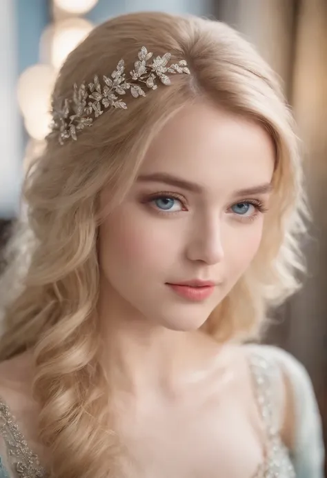 1girl in,  |a blond、Very beautiful long shiny hair、Very beautiful cute face、Lustrous and radiant beautiful skin、独奏、ultra-quality、Hard Focus、film grains、超A high resolution、​masterpiece、Lovely detailed crystal clear light blue eyes that shine、hime