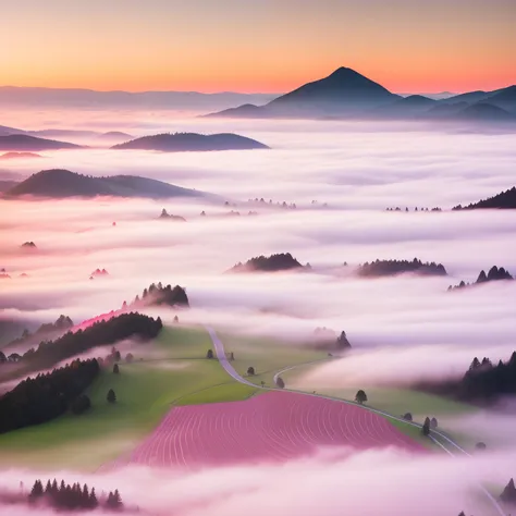 foggy hills and valleys in the morning with a pink sky, (mist), dreamy landscape, misty morning, mist, misty mountains, an amazing landscape image, morning mist, foggy photo 8 k, amazing landscape, by Raymond Han, mists, valley mist, misty mood, in the mor...