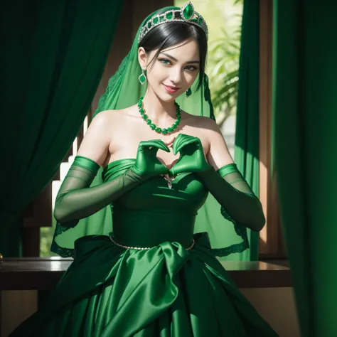 emerald tiara, Green Pearl Necklace, Boyish very short black hair, lipsticks, Japan woman smiling, very short short hair,  big breasts beautiful, Green eyes, Long green gloves made of satin material, Green eyes, Emerald Earrings, green vale, Heart with bot...