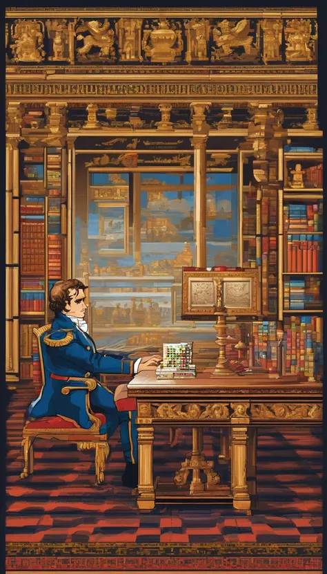 "Generate an ultra-realistic 4K image that encapsulates Napoleon Bonapartes remarkable qualities. Depict Napoleon in a grand, library-like setting, surrounded by books, with a chessboard on a nearby table. He should be standing confidently, holding a love ...