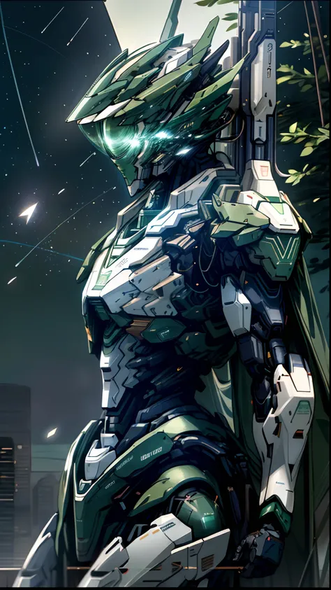 Full of realistic details, 8K quality, delicate colors, green tones, mecha helmet with aperture, weapon (1.3), sideways gaze in the blue starry sky, raining, with shooting stars dotted sky.