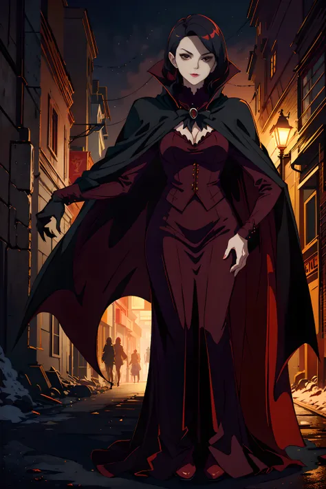 vampire milf standing in night underground street, back shot, stylish standing pose, wearing a vampire cape,