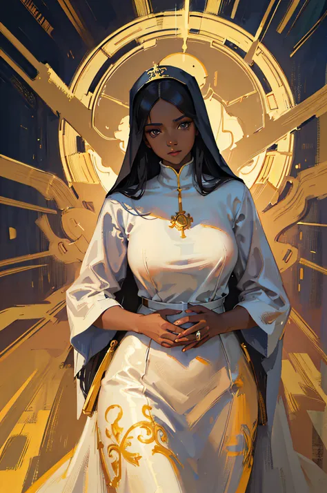 dark-skinned woman,nun outfit,anime aesthetic,beautiful,lovely,contrasting colors,polished image,art of Albert Lynch,Adam Hughes,(best quality,4k,8k,highres,masterpiece:1.2),ultra-detailed,(realistic,photorealistic,photo-realistic:1.37),anime style,gracefu...