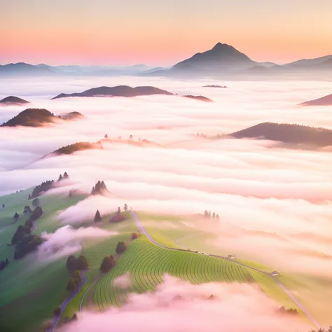 foggy hills and valleys in the morning with a pink sky, (mist), dreamy landscape, misty morning, mist, misty mountains, an amazing landscape image, morning mist, foggy photo 8 k, amazing landscape, by Raymond Han, mists, valley mist, misty mood, in the mor...