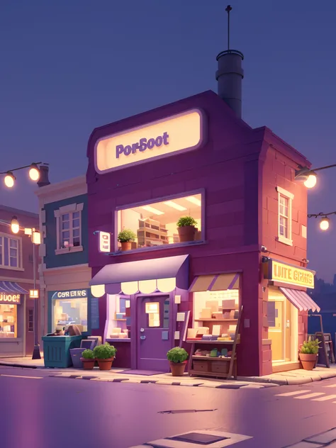 Small shop，E-commerce style，Portet，arte 3D，C4D，3Drenderingof，Light traction，claymaterial，pixar trend，Popmart blind box，Animated lights，depth of fields，super detailing，Soft purple，Solid model，Night background，Fine shine，with light glowing，warm lights，Soft f...