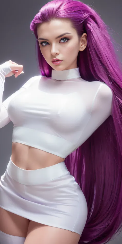 Jessie pokemon, ((seductive expression)), slicked back hair, Long hair, purple hair, blue eyes, Team Rocket, ((7000% transparent silk Team Rocket Uniform)), ((((10% white miniskirt, 5% Crop Top)))), thighs high,elbow gloves, NSFW, ((70% nude))