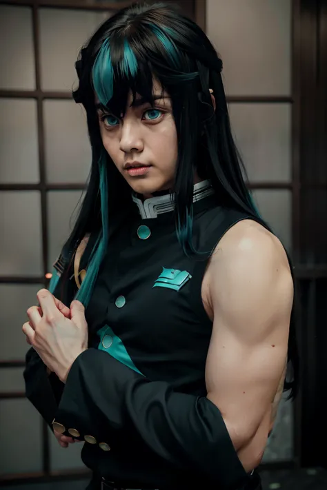 masterpiece, best quality, high quality, 1boy, solo, male focus, looking at viewer, upper body, tokitou_muichirou, long hair, bangs, black hair, aqua eyes, demon slayer uniform, two-tone hair,