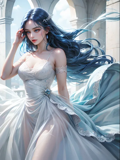 a women, blue hair, blue eyes, white dress