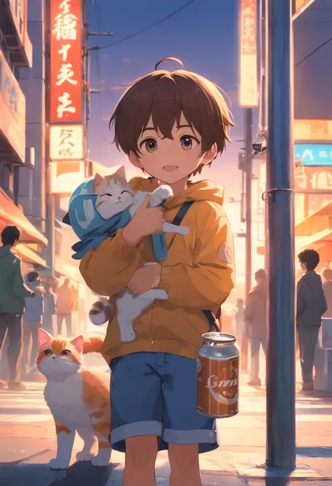 baby cats，A boy feeds a cat，Street intersection，The boy holds the can，Lateral face/See the back