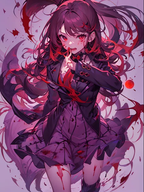 A Vampire girl, full body, dynamic poses, blood splatters, detailed art, full red moon, horror night, cinematic light, best Visuals quality, masterpiece collection, 24K UHD resolution, background blurred