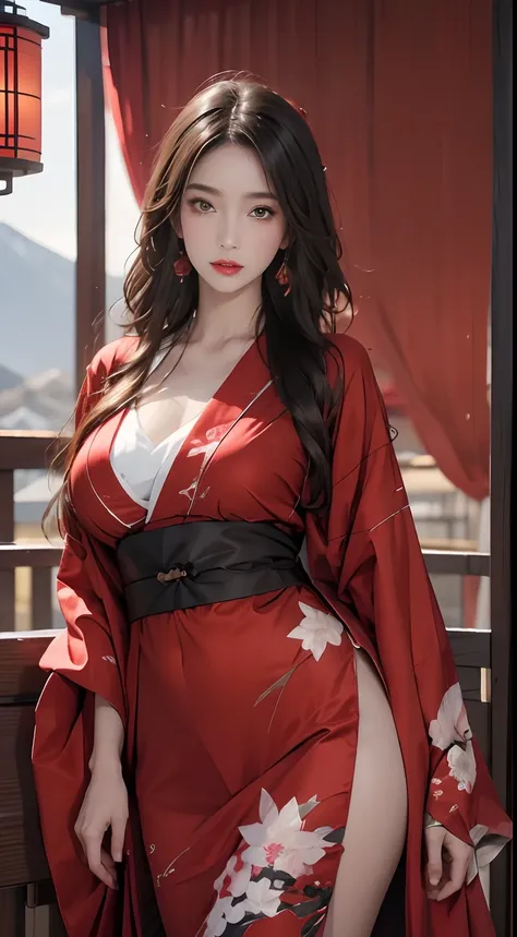 Mt fuji、wearing red kimono、best qualtiy:1.4, Photorealista:1.4, Skin Texture:1.4, ​masterpiece:1.8, 1 Women, hips up high, beautidful eyes,