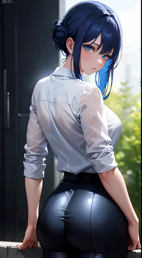 ((masterpiece)),(best quality),(detailed),(1girl),  blue hair, blue glowing eyes, Updo, white shirt, black pant, looking down on the viewer, waist shot, butt to camera