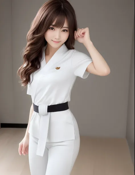 (Photorealsitic)(sixteen years old), Perfectly beautiful woman, (Full body 8K portrait), Stand alone, Stick out your fist, Large and dynamic hand and foot movements, Correct skeleton, White Karate Uniform, White karate pants, Large bust, Perfect facial det...