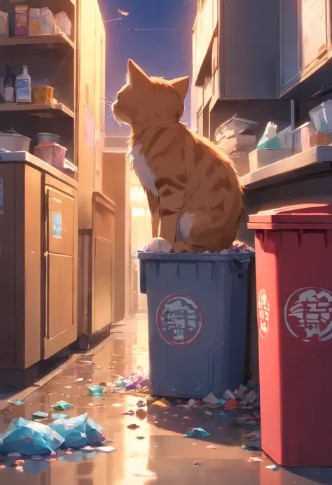 A kitten is rummaging through a trash can，Looking for food，