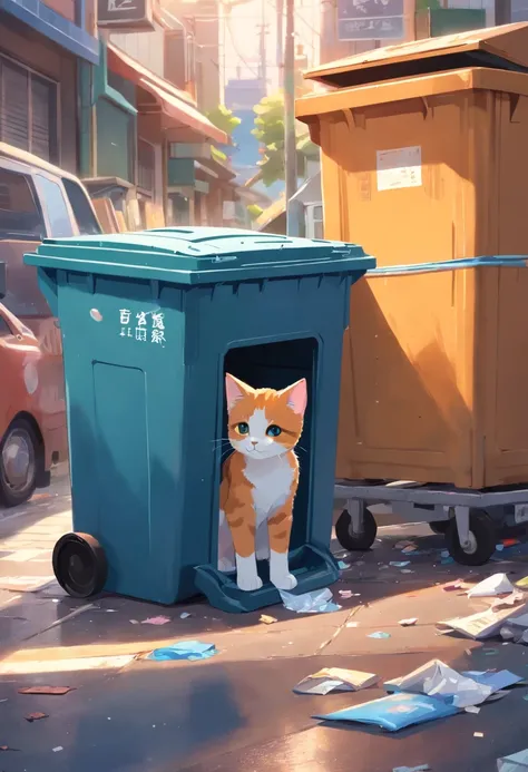 A kitten is rummaging through a trash can，Looking for food，