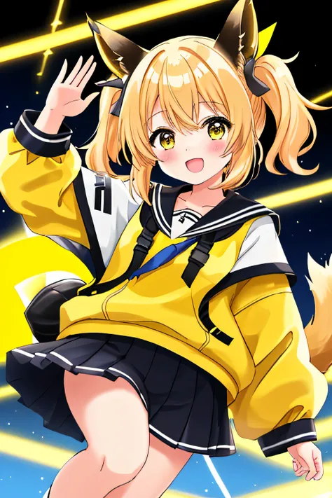 girl with、elementary student、An ultra-high picture quality、8K、Yellow ears、Yellow clothes、a blond、Black tail、lightning bolt