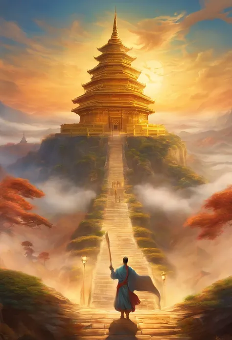 On top of the mountain stands a huge golden Buddha statue，Pilgrims on the road，lightsmile,china style，In the distance, surrealism, stereograms, Tachi-e, Atmospheric perspective, hyperphotorealism, Cinematic lighting, God Light, Super Detail, ccurate, Best ...