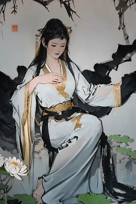 guanyin, chinese goddess of mercy meditating, in a long white robe, praying, chinese ink painting, (masterpiece), (best quality)...