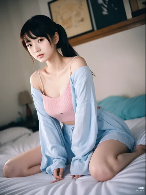 (Top image quality, 8K, ​masterpiece), top-quality, 超A high resolution,Japan Girl, 18year old、On a modern bed、Sit in a loose camisole and spread your legs、 kawaii faces, Melancholy look, 二重まぶた、middlebreasts、poneyTail、Room with blue furniture、电影灯光, Photorea...