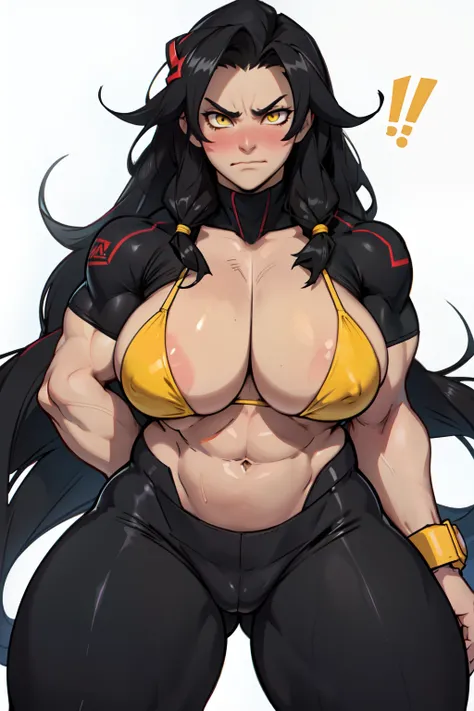 (girl huge breasts bodybuilder muscular toned body pale skin black hair very long hair yellow eyes solo) angry blushing embarrassed thick thighs string bikini