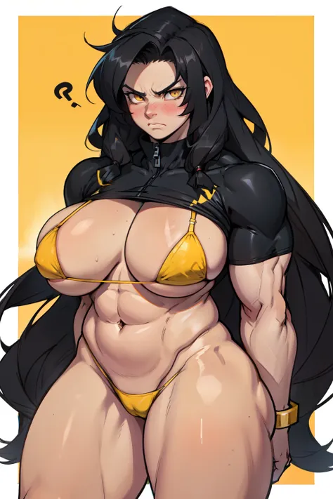 girl huge breasts bodybuilder muscular toned body pale skin black hair very long hair yellow eyes angry blushing embarrassed thick thighs string bikini