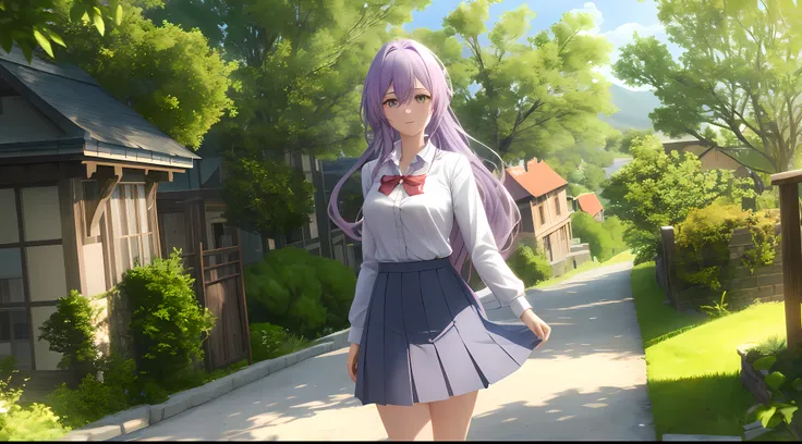 Athena with plain long light purple hair,hair between eyes,green eyes,rosy cheeks,full lips,thin eyebrows,slender body,wearing school coat and full long skirt,cute anime girl,full body,village street in background,anime style,Lumen Reflections,Screen Space...