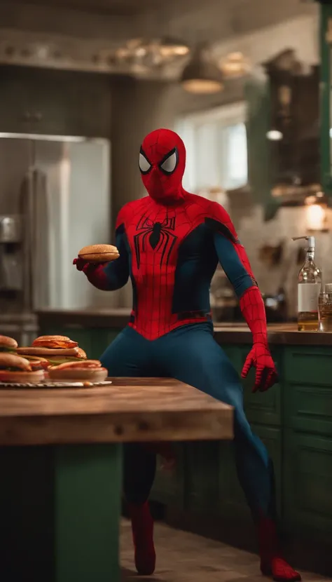 character,Burgers + Spiderman S. ,Fat style, The background is a kitchen. ,4k