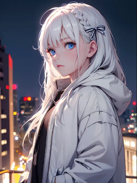 1girl,Albino, cute, white hair, blonde hair, beautiful, long hair, blue eyes, wearing a parka jacket, hair with a ribbon,night light ((8k, UHD, ultra realistic))