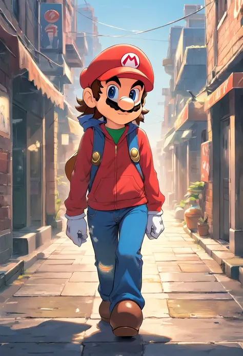 ((Super mario)), wearing a hoodie, graphic t-shirt and torn jeans, Vector art background, highly detailed background, perfect masterpiece, high quality, high resolution, happy face,