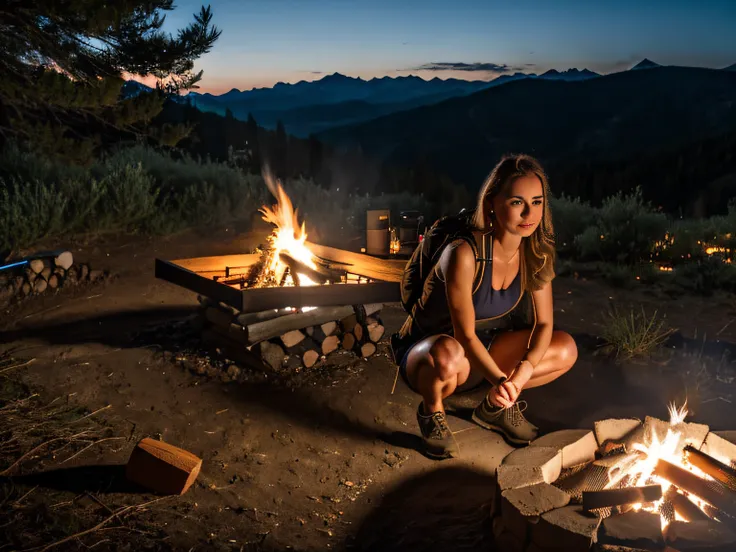 jaclyn smith as woman sitting by a campfire with a backpack on her lap, fire lit, at a campfire at night, night outdoors, outdoo...