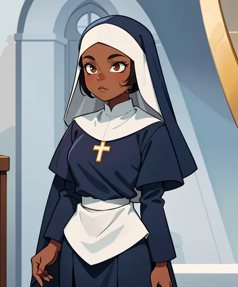 dark skinned woman wearing a nun outfit, anime aesthetic, beautiful, lovely, contrasting colors, polished image, art of albert l...