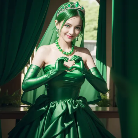 emerald tiara, Green Pearl Necklace, Boyish very short green hair, lipsticks, Japan woman smiling, very short short hair,  big breasts beautiful, Green eyes, Long green gloves made of satin material, Green eyes, Emerald Earrings, green vale, Heart with bot...