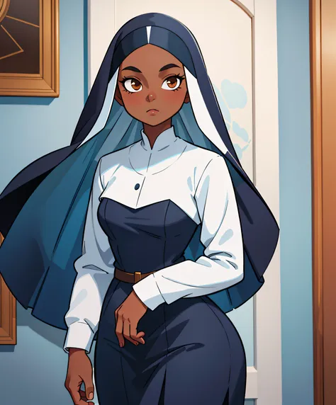 dark skinned woman wearing a nun outfit, anime aesthetic, beautiful, lovely, contrasting colors, polished image, art of albert l...