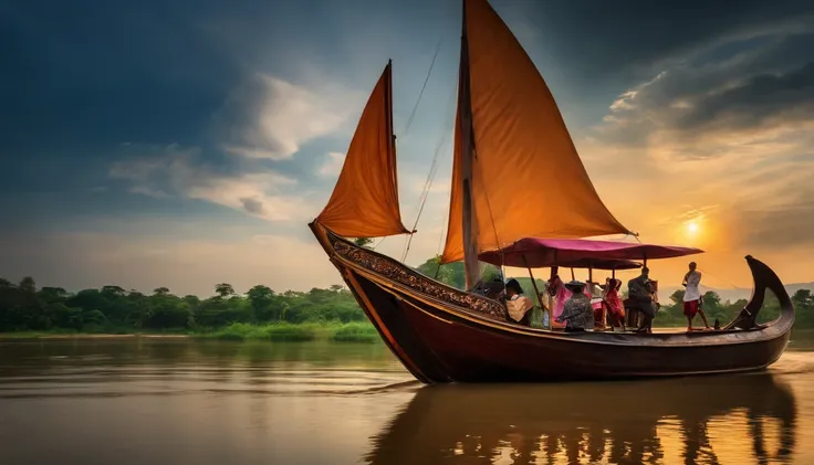 bestquality, masterpiece, ultra-high resolution, (photo-realistic:1.4), Surrealism, dreamlike,Fusion Art, Nakhon Phanom ,There are witnesses floating in the Mekong River.