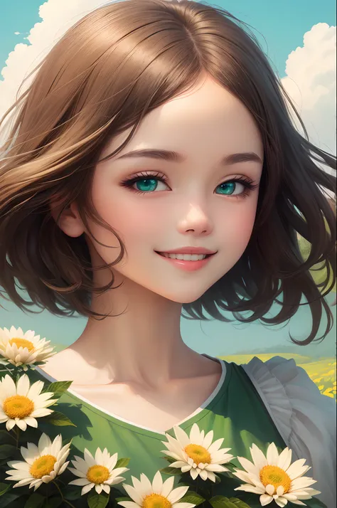 MKSKS, masterpiece, best quality, illustration, close up, straightforward, facial focus, smile, colorful, flowers, green sky, cloud sky, girl with beautiful eyes,