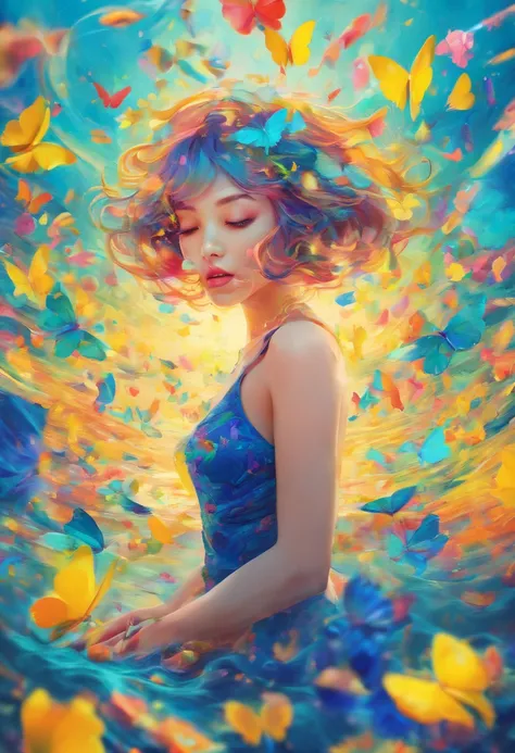 ((top-quality, 8K)), (Realistic), (Face Focus: 1.1), (blue and yellow: 1.3), Kawaii Girl underwater, short-hair, 
Hair fluttering in the water, Facing to the side, Eyes closed, (Sleeveless: 1.1)、Skirt, D Cup Breasts, Countless butterflies,