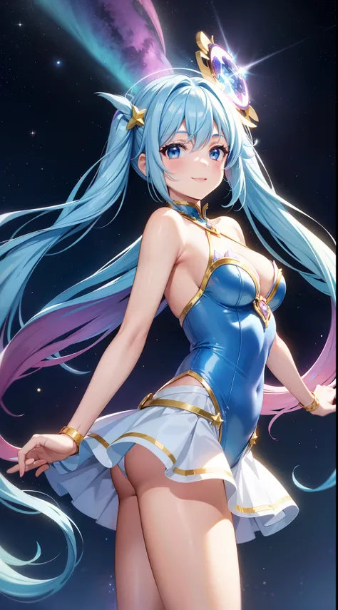 Super Idol　a beauty girl　A charming smile　sky blue hair　length hair　Facing straight ahead　Twin-tailed　Glittering pink and white、Blue and yellow leotard costume　Mystical　Fantasia　constellation　a moon　Crystal Brilliance　Aurora Borealis in the Night Sky