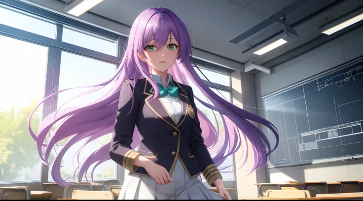 Athena with plain long light purple hair,hair between eyes,green eyes,rosy cheeks,full lips,thin eyebrows,slender body,wearing school coat and full long skirt,cute anime girl,full body,classroom hall in background,anime style,Lumen Reflections,Screen Space...