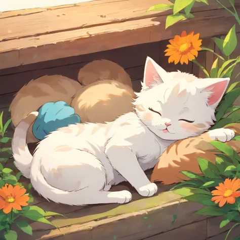 A cute kitten sleeping、Without background、2D anime style、Flat illustration