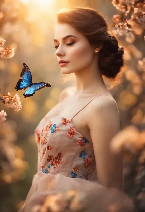 masterpice, (Best quality), ((best detail)), Depth of field, A beautiful girl, Beautiful face, Nature, Spirit, Blossom, Colorful scenery, Flowers, butterflys, glowing dress, element in