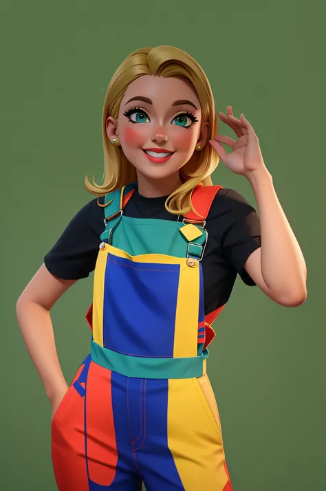 Cartoon girl in overalls, wearing a clown costume, blonde hair, olhos verdes, sorridente, (sinta-se azul: 1.1), (red pants: 1.1), (Camisa Preta: 1.1), (Green suspenders: 1.1), Five different angles each, fundo simples, -Arte RAW, melhor qualidade, Same Ref...