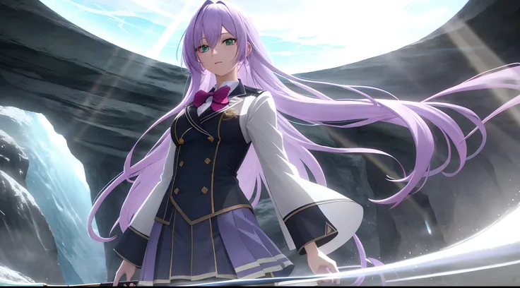 Athena with plain long light purple hair,hair between eyes,green eyes,rosy cheeks,full lips,thin eyebrows,slender body,wearing school coat and full long skirt,cute anime girl,full body,ice cave with river in background,anime style,Lumen Reflections,Screen ...