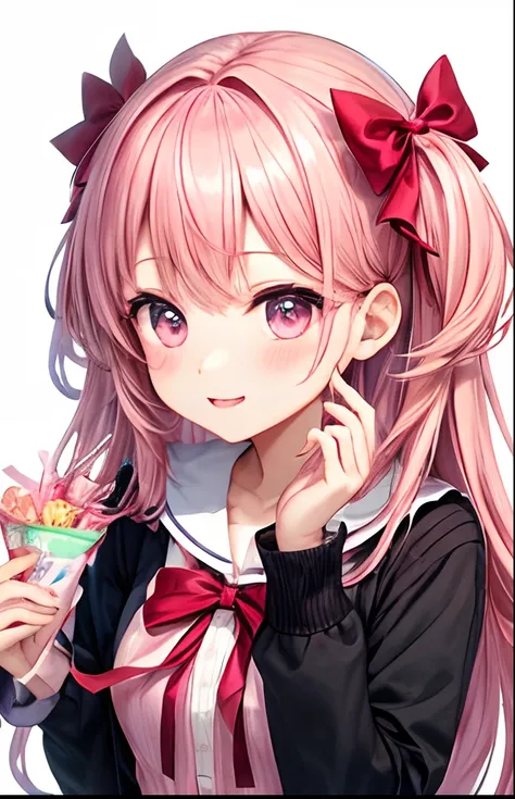 girl with、No background、without background、Background through、Twin-tailed、Two knots、Pink hair、pinkcolor、Pink eyes、Valentine、candy、Choco、Valentine’s Day、bow ribbon、kawaii、