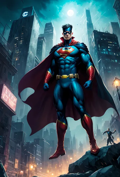 a man in a cape and caped standing on a rocky hill with a sword, dc comics art style, epic comic book style, heroic fantasy art, super hero art, the strongest superhero, dark supervillain, hero pose colorful city lighting, epic comic book art, style of ray...